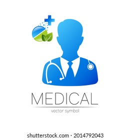 Doctor and tablet pill, leaf vector logotype in blue, green color. Silhouette medical man. Logo for clinic, hospital, health, medicine, business. Concept on white. Template for web, identity style