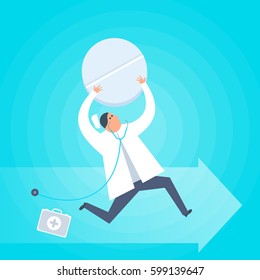 Doctor with a tablet runs to a patient. First-aid, ambulance, urgent care flat concept illustration. Medic with pill treats the disease. Medical, healthcare, treatment, therapy vector design element.