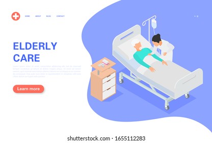 Doctor Take Care Of A Sick Elderly Man. Senior Patient Lies On A Medical Bed In A Hospital. Medecine And Healthcare. Flat Vector Isometric Illustration.