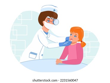 The doctor takes a bacterial sample and a swab from the child's mouth. Figure. Graphic. Under the mask.  Cartoon drawing with characters. Health theme. 