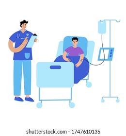 Doctor takes care of a patient who is lying in bed in a clinic or hospital. Dropper with medication intravenously. Flat vector illustration. Medical help. Adult male cartoon characters