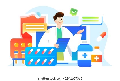 Doctor takes cold medicine to treat cold and fever, background with various medicines and insurance policies, vector illustration