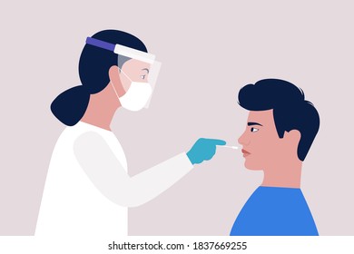 Doctor takes a covid test from a young man. Vector illustration in a flat style
