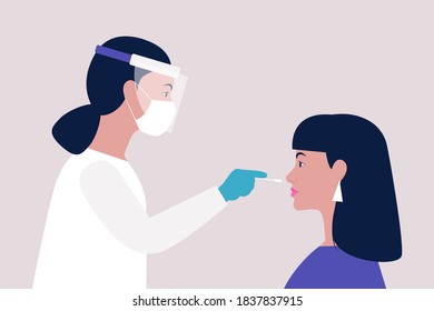 Doctor takes a covid test from a young woman. Vector illustration in a flat style