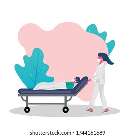 Doctor takes the patient on a medical gurney. Vector illustration in a flat style