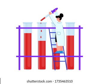 Doctor taking blood sample from giant test tube, isolated cartoon woman