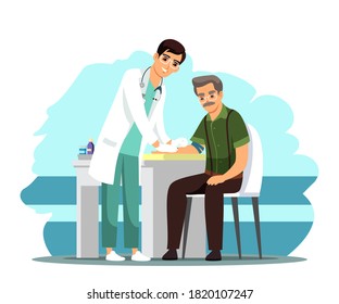 Doctor Taking Blood Sample Of Old Patient In Hospital. Health Care Vector Illustration. Man Doing Checkup Examination In Clinic, Senior Sitting In Chair. Visit To Physician.