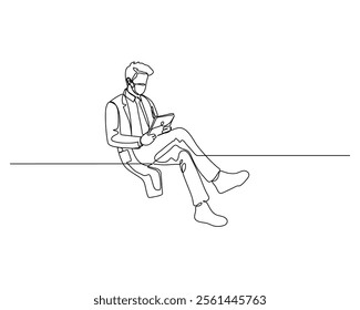 a doctor taking a break, seated cross legged, and using a tablet Captures a moment of relaxation amidst a busy schedule