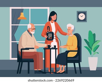 Doctor is taking care old couple at home. women taking care of elderly persons on chair, health checkup flat vector illustration. Healthcare concept for banner