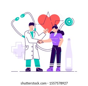 Doctor taking care of patient health for medical exam, checkup or consultation concept. Medicine illustration on isolated background. EPS10 vector. Flat style modern design vector illustration.
