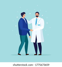 Doctor taking care of patient health. Medical exam, checkup, consultation concept. Therapist in white coat. Practitioner talking with man. Vector cartoon design