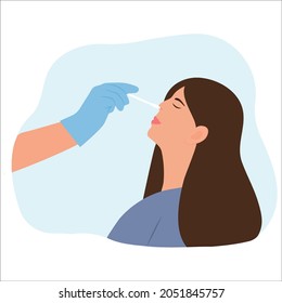 Doctor  taking DNA test by nasal (nose) swab probe. PCR test, influenza check, nasal swab laboratory test for corona virus infection, diagnosis of influenza.  Flat Vector Illustration.