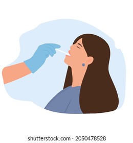 Médico tomando la saliva de muestra para la prueba de ADN de la mujer en la clínica. Ensayo de saliva bucal usando hisopo.Ilustración vectorial