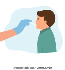 Doctor taking sample saliva for DNA test from little boy in clinic.Mouth saliva test using swab.Vector illustration