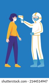 Doctor taking temperature of girl, covid-19 prevention and control, vector illustration
