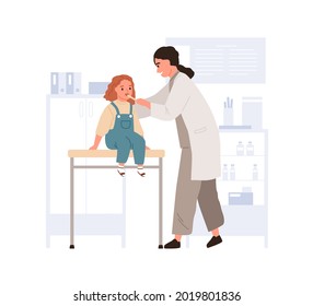 Doctor Taking Throat Swab From Child For Lab Test. Kid At Appointment In Pediatrician Office. Girl At Medical Checkup In Hospital. Colored Flat Vector Illustration Isolated On White Background