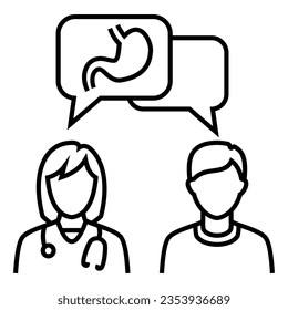 Doctor talk consultation discussion with patient about digestion icon vector. Bubble chat line with stomach symbol illustration.
