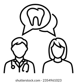 Doctor talk consultation discussion with patient about oral teeth dental health design icon vector. Bubble chat line with tooth symbol illustration.