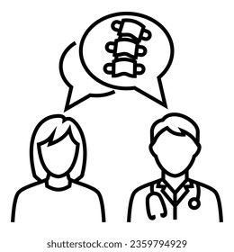 Doctor talk consultation discussion with patient about Orthopedic Specialist system design icon vector. Bubble chat line with spine bone symbol illustration.