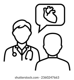 Doctor talk consultation discussion with patient about Cardiology health system design icon vector. Bubble chat line with hearth symbol illustration.