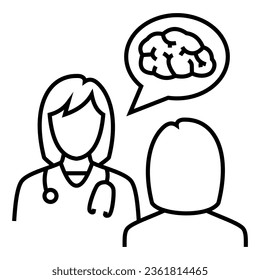 Doctor talk consultation discussion with patient about brain nerves health system design icon vector. Bubble chat line with brain symbol illustration.