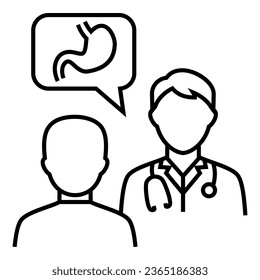 Doctor talk consultation discussion with patient about digestion health  system design icon vector. Bubble chat line with stomach symbol illustration.