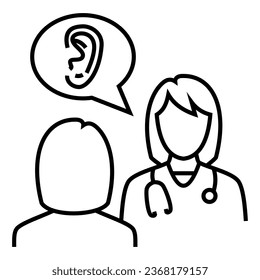 Doctor talk consultation discussion with patient about ENT Specialist health system design icon vector. Bubble chat line with ear symbol illustration.