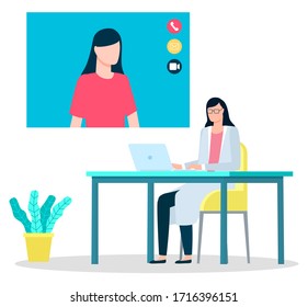 Doctor talk with patient by online video call in real time. Practitioner sit in her cabinet at hospital and consultant about illnesses remotely using laptop and internet. Vector illustration in flat