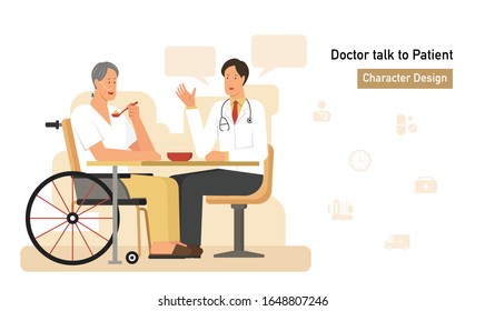 doctor talk to patient, dysphagia, swallowing rehabilitation, medical care service flat cartoon character design svg