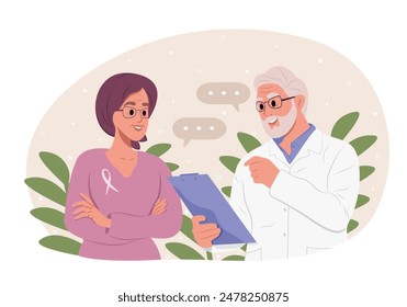 Doctor hablando con paciente de cáncer mujer en pañuelo en la cabeza. Plantilla de Vector para el Anuncio, tarjeta de felicitación, cartel.