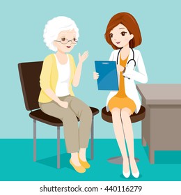 Doctor Talking With Elderly Patient About Her Symptoms, Physician, Hospital, Checkup, Healthy, Treatment, Personnel