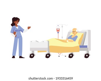 Doctor talking to elderly patient at hospital room, flat vector illustration isolated on white background. Characters of doctor and patient for elderly persons healthcare.