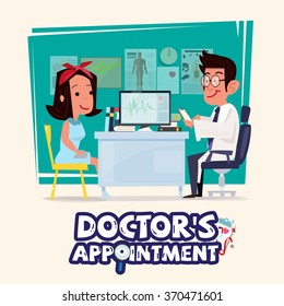 doctor talking with female patient. doctor's appointment concept. - vector illustration