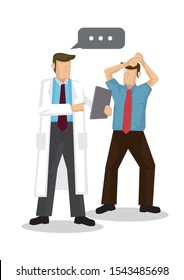Doctor talking with his patient or patient relative in a hospital. Concept of healthcare system or medical occupation. Flat isolated vector illustration.