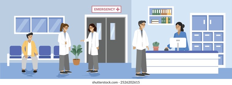 Doutor falando de ilustração. Discussão médica. Administração hospitalar. Serviços de saúde pública. Cuidados de saúde. Paciente esperando no hospital. Atividade hospitalar.