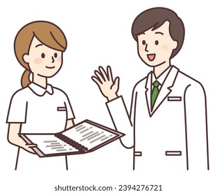 Doctor talking to nurse holding medical records