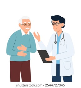 Médico hablando con un paciente viejo con dolor de estómago. El médico consulta al hombre mayor, diagnostica, prescribe. Medicina, salud y concepto de personas. Ilustración vectorial