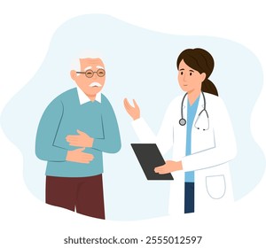 Doctor talking to old patient with stomach ache. Physician consults senior man , diagnoses, prescribes. Medicine, healthcare and people concept. Vector Illustration