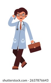 Doctor talking on the phone while walking with a briefcase in a cheerful setting. Vector illustration in flat style isolated on white background.