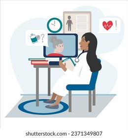 Doctor talking online with elderly female patient vector illustration