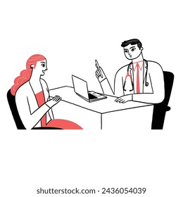 Doctor is talking with patient. Hand drawing vector illustration doodle style.