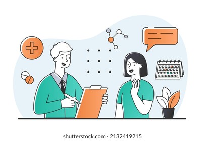 Doctor talking with patient. Man conducts survey of girl, health care and consultation, choice of optimal method of treatment. Health care and regular check ups. Cartoon flat vector illustration