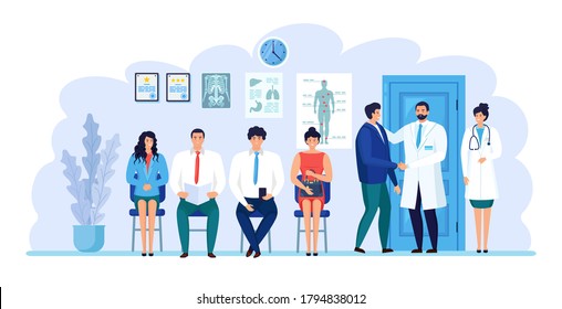 Doctor talking with patient. Man and woman sitting near medic room. Patients waiting for physician, nurse. Medical staff working in hospital reception. Consultation, diagnosis concept. Vector design