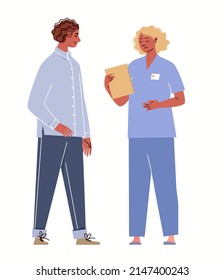 Doctor is talking to patient. Medical consultation, diagnostics, recommendations, advice. Vector characters flat cartoon illustration.