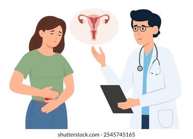 Um médico está falando com um paciente. Uma mulher está em pé e sofrendo de dor menstrual em seu estômago. Endometriose, disfuncionalidade do endométrio. Mês de Conscientização sobre a Endometriose.