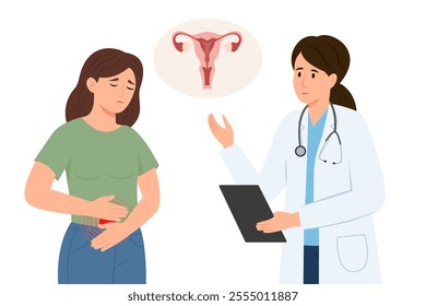 A doctor is talking to a patient. A woman is standing and suffering from menstrual pain in her stomach.Endometriosis, endometrium dysfunctionality. Month of Awareness About Endometriosis.