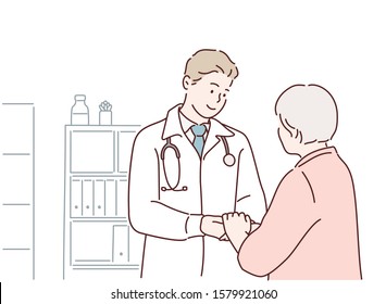 Doctor talking to senior woman in surgery. Hand drawn style vector design illustrations.