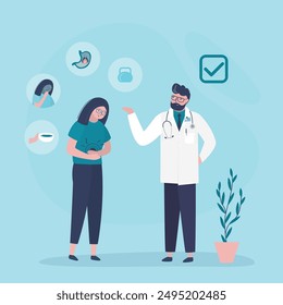 Doctor talking with sick girl about gastritis symptoms. Stomach ache, Gastroenterology. Female patient touching sick belly suffer of stomach. Doctor recommend diet. flat design vector Illustration