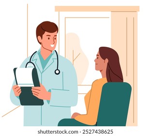 Médico falando com paciente. Profissional de saúde examina saúde de pacientes no hospital, clínica. Consulta médica, exame, conceito do checkup. Ilustração vetorial.