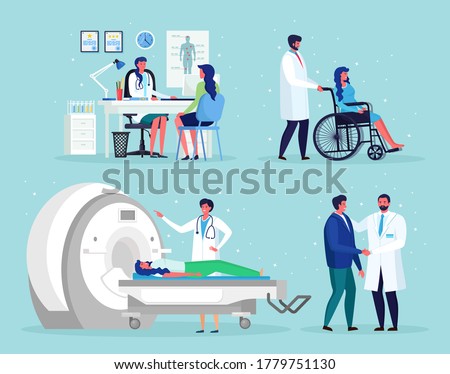 Doctor talks with man. Magnetic Resonance Imaging Technology Tomography, radiology, xray machine for examination for oncology disease MRI. Nurse, wheelchair for disabled senior patient Vector design